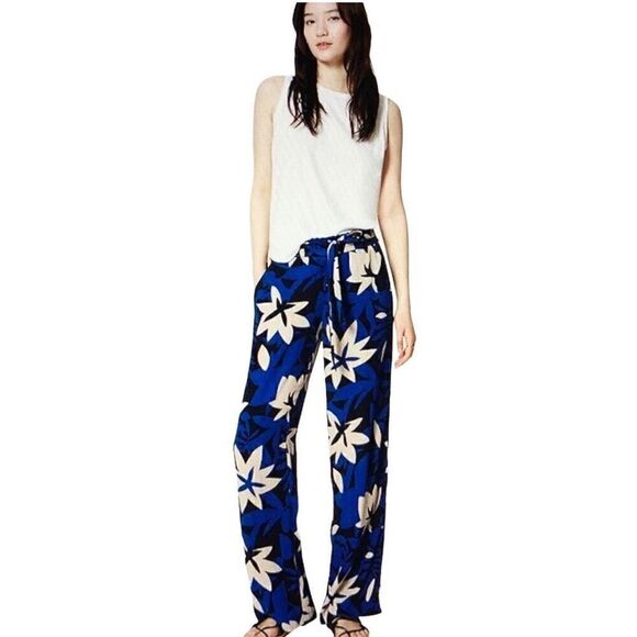LOFT Spring Blue Floral Fresco Paper Bag Pants Women Size Petite Small SP PS - Picture 1 of 7